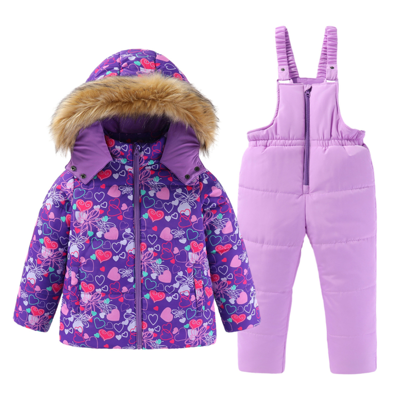 Момичешки зимен нов топъл костюм с голяма кожена яка и памучна подплата, детски костюм за свободното време на открито, ски облекло от две части