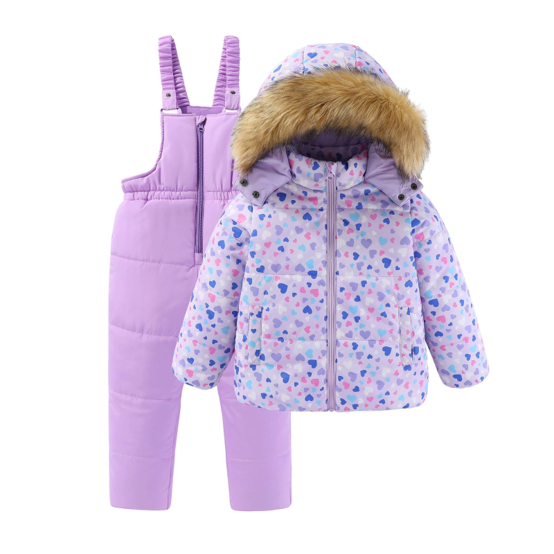 Момичешки зимен нов топъл костюм с голяма кожена яка и памучна подплата, детски костюм за свободното време на открито, ски облекло от две части