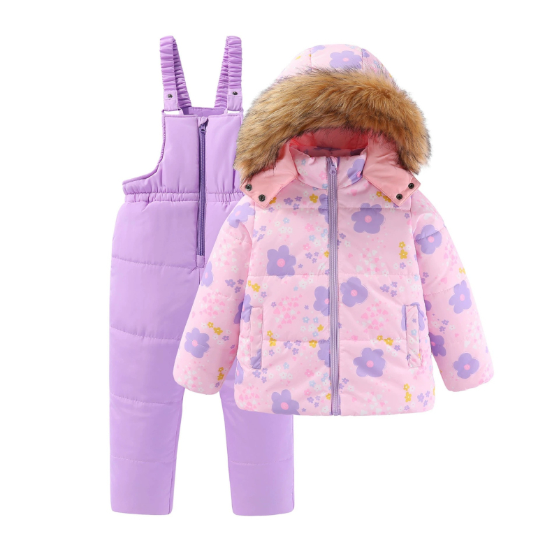 Момичешки зимен нов топъл костюм с голяма кожена яка и памучна подплата, детски костюм за свободното време на открито, ски облекло от две части