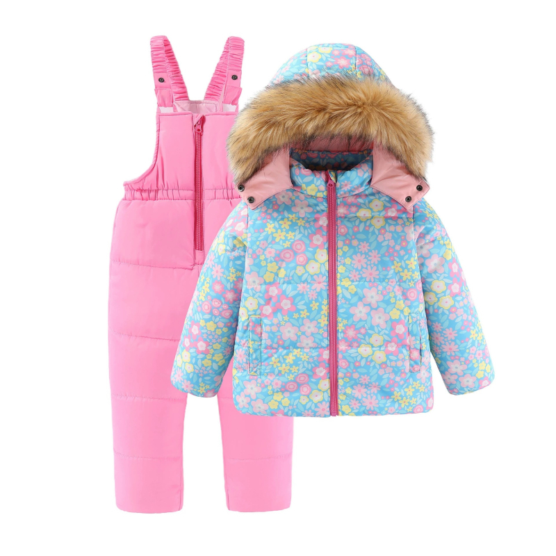 Момичешки зимен нов топъл костюм с голяма кожена яка и памучна подплата, детски костюм за свободното време на открито, ски облекло от две части