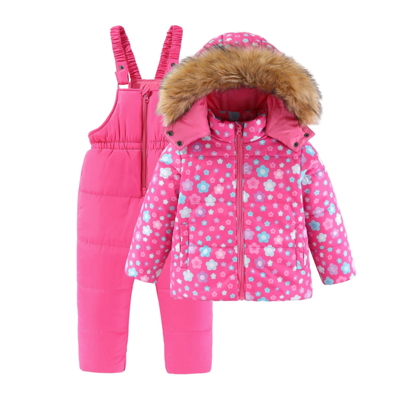 Момичешки зимен нов топъл костюм с голяма кожена яка и памучна подплата, детски костюм за свободното време на открито, ски облекло от две части