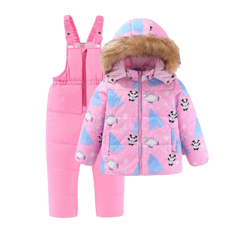 Момичешки зимен нов топъл костюм с голяма кожена яка и памучна подплата, детски костюм за свободното време на открито, ски облекло от две части