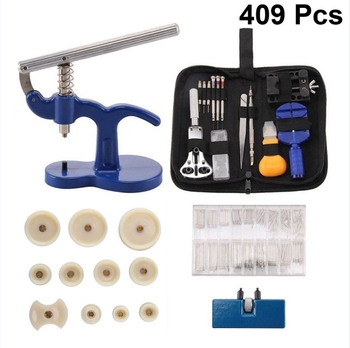 Комплект инструменти за ремонт на часовници, 409 части, сваляне на каишката на часовника, отваряне на задния капак на часовника, машина за затваряне на капачки, комплект инструменти за уши на часовник