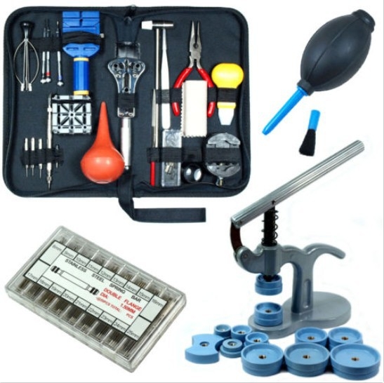 Комплект инструменти за ремонт на часовници, 409 части, сваляне на каишката на часовника, отваряне на задния капак на часовника, машина за затваряне на капачки, комплект инструменти за уши на часовник