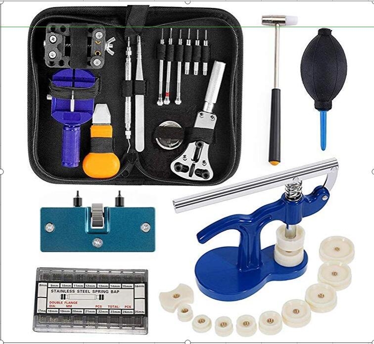 Комплект инструменти за ремонт на часовници, 409 части, сваляне на каишката на часовника, отваряне на задния капак на часовника, машина за затваряне на капачки, комплект инструменти за уши на часовник