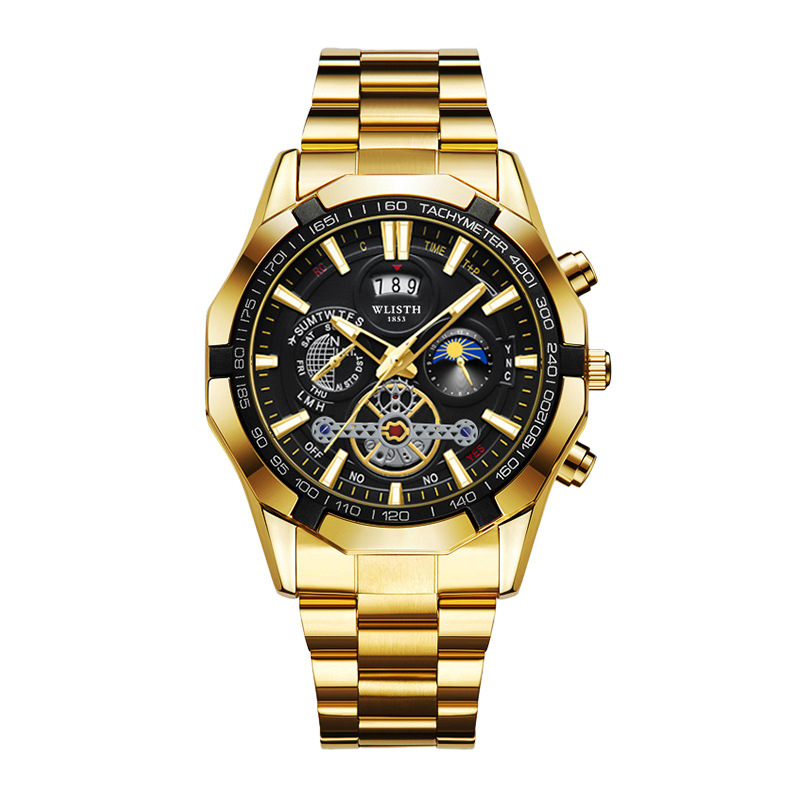 WLISTH svájci márkájú férfi karóra, világító, vízálló kvarcóra, nagyméretű számlapos acélszalagos naptáras férfi karóra, külkereskedelmi óra
