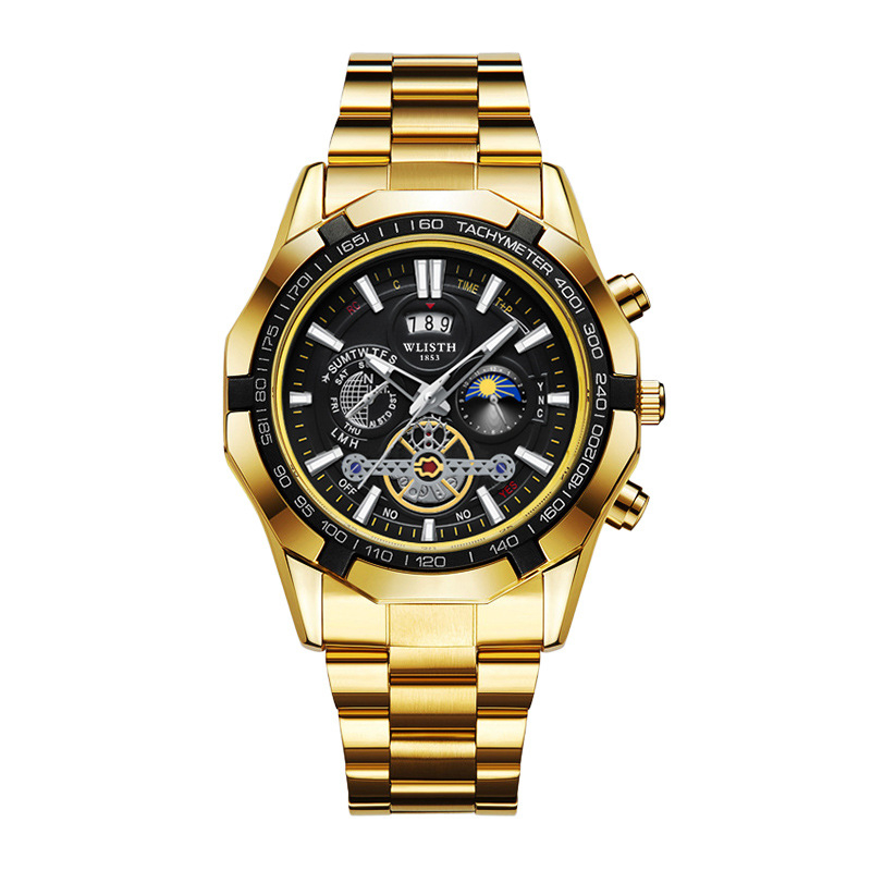 WLISTH svájci márkájú férfi karóra, világító, vízálló kvarcóra, nagyméretű számlapos acélszalagos naptáras férfi karóra, külkereskedelmi óra