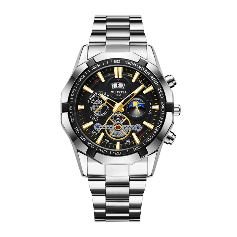 WLISTH svájci márkájú férfi karóra, világító, vízálló kvarcóra, nagyméretű számlapos acélszalagos naptáras férfi karóra, külkereskedelmi óra
