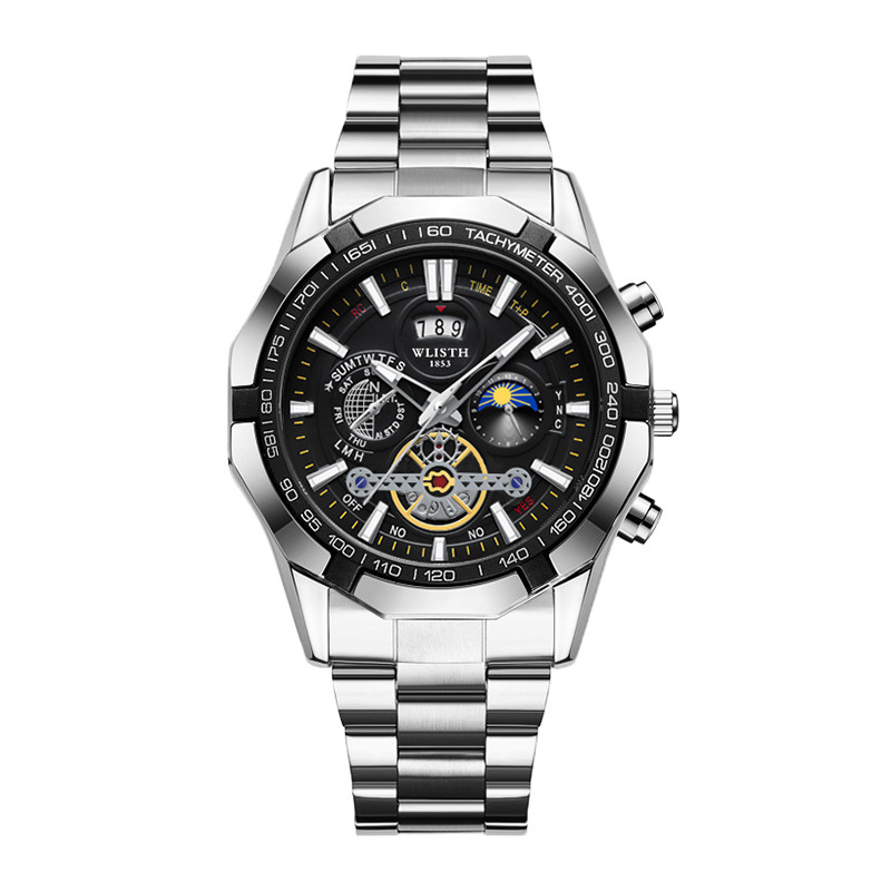 WLISTH svájci márkájú férfi karóra, világító, vízálló kvarcóra, nagyméretű számlapos acélszalagos naptáras férfi karóra, külkereskedelmi óra