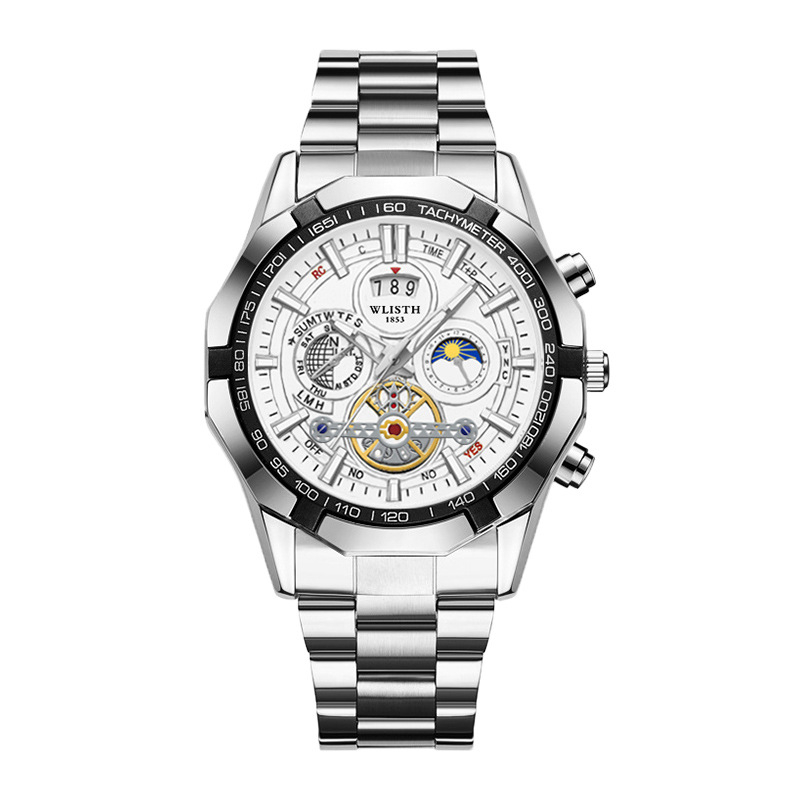WLISTH svájci márkájú férfi karóra, világító, vízálló kvarcóra, nagyméretű számlapos acélszalagos naptáras férfi karóra, külkereskedelmi óra