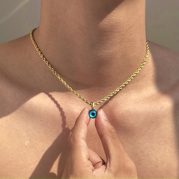 Κολιέ Devil\'s Eye American Style, Χρυσή Στριφτή Αλυσίδα Κλειδαριάς για Ανδρικά Μοντέρνα Μπλε Μάτια, Premium R