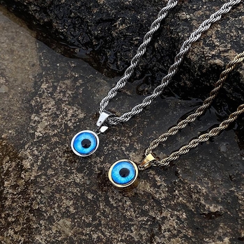 Κολιέ Devil\'s Eye American Style, Χρυσή Στριφτή Αλυσίδα Κλειδαριάς για Ανδρικά Μοντέρνα Μπλε Μάτια, Premium R