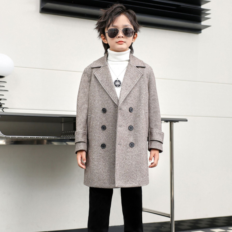 Zēnu vilnas mētelis rudens un ziemas daudzpusīgs vējjaka, rietumnieciska stila silts vidēja garuma bērnu vilnas mētelis, skaists korejiešu stilā