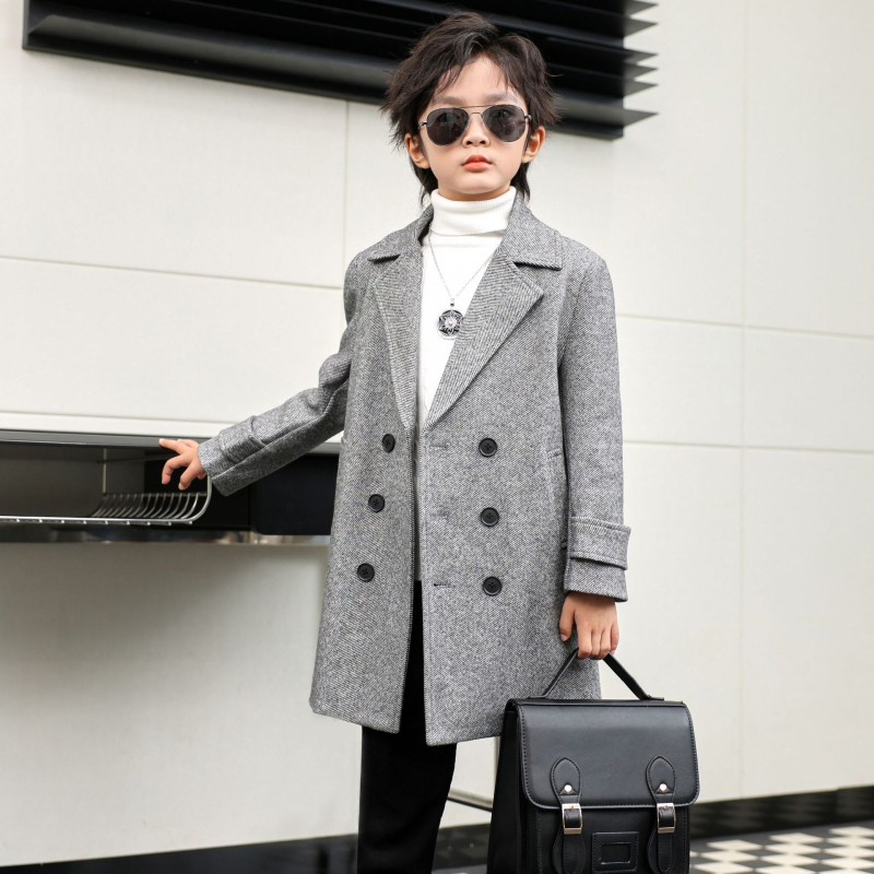 Zēnu vilnas mētelis rudens un ziemas daudzpusīgs vējjaka, rietumnieciska stila silts vidēja garuma bērnu vilnas mētelis, skaists korejiešu stilā