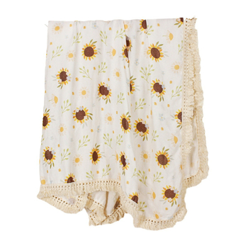 Suvine trükitud beebikäru kate, päevalilleõie mustriga puuvillane topeltkrepp-tupsuga beebirätiku tekk