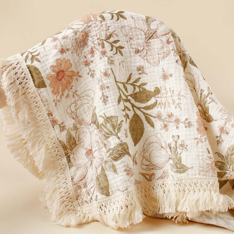 Suvine trükitud beebikäru kate, päevalilleõie mustriga puuvillane topeltkrepp-tupsuga beebirätiku tekk