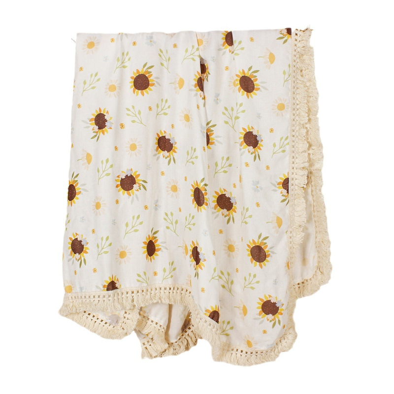 Suvine trükitud beebikäru kate, päevalilleõie mustriga puuvillane topeltkrepp-tupsuga beebirätiku tekk