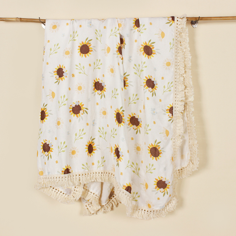 Suvine trükitud beebikäru kate, päevalilleõie mustriga puuvillane topeltkrepp-tupsuga beebirätiku tekk