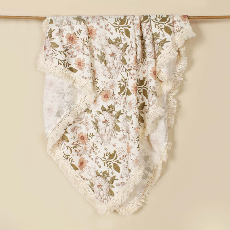 Suvine trükitud beebikäru kate, päevalilleõie mustriga puuvillane topeltkrepp-tupsuga beebirätiku tekk