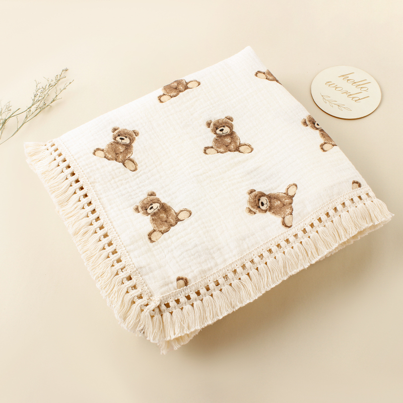 Suvine trükitud beebikäru kate, päevalilleõie mustriga puuvillane topeltkrepp-tupsuga beebirätiku tekk