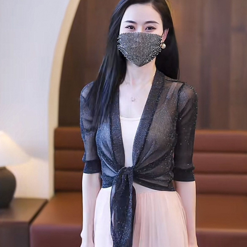 Suvine õhuke võrkkangast kardigan naistele, traksidega, seelik, lühikeste varrukatega, päikesekaitsega