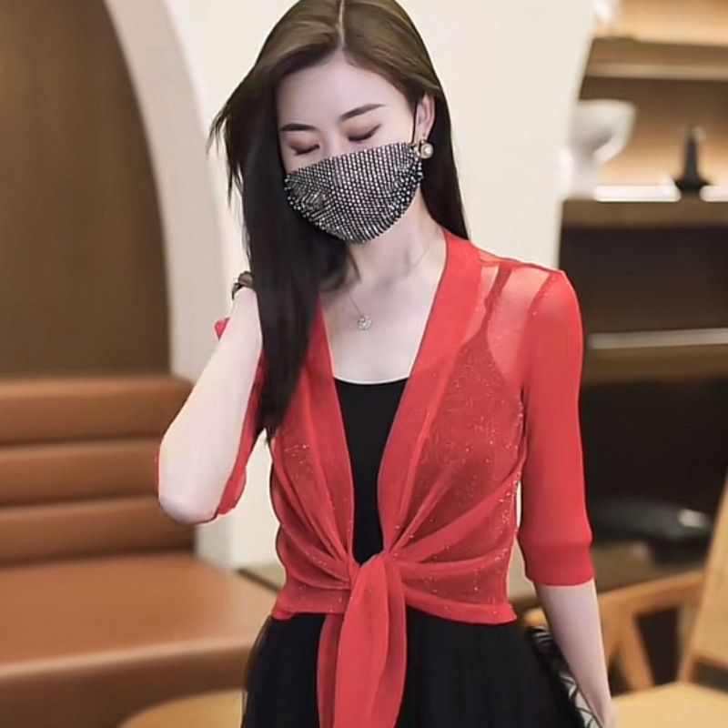 Suvine õhuke võrkkangast kardigan naistele, traksidega, seelik, lühikeste varrukatega, päikesekaitsega