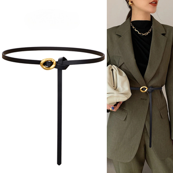 Γνήσιο Δερμάτινο Λεπτό Γυναικείο Φόρεμα με Κόμπους, Υψηλής Ποιότητας, Μικρή Ζώνη Νέου Στυλ 2024 για Κοστούμι