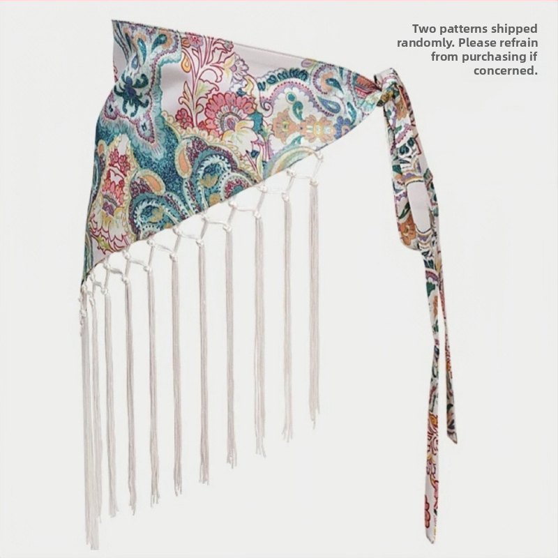 Aukštos klasės puokštė su plačiu juosmeniu, hiphopo šokėjos mados dekoratyvinė suknelė, bohemiškas etninis trikampio formos klubų šalikas