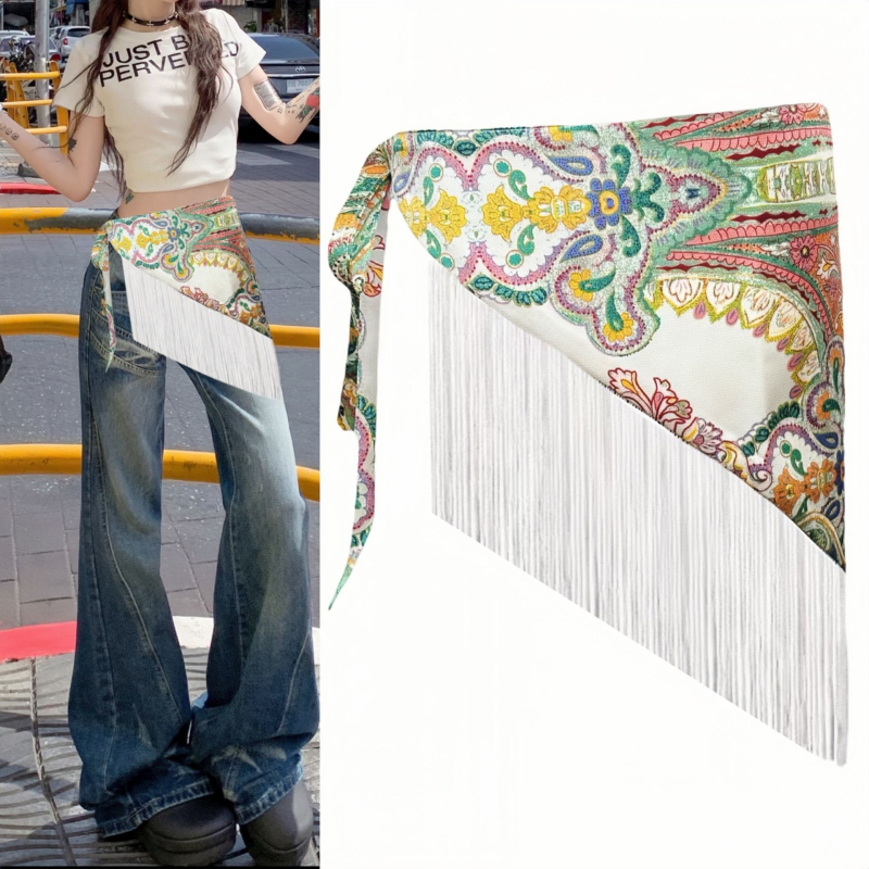 Tipptasemel tutiga laia vöökohaga hiphop-tantsija moodne dekoratiivne kleit boheemlaslik etniline kolmnurkne puusasall