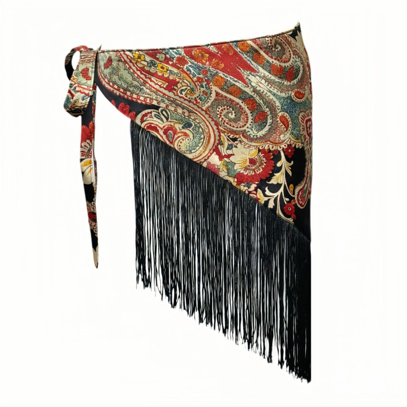 Aukštos klasės puokštė su plačiu juosmeniu, hiphopo šokėjos mados dekoratyvinė suknelė, bohemiškas etninis trikampio formos klubų šalikas