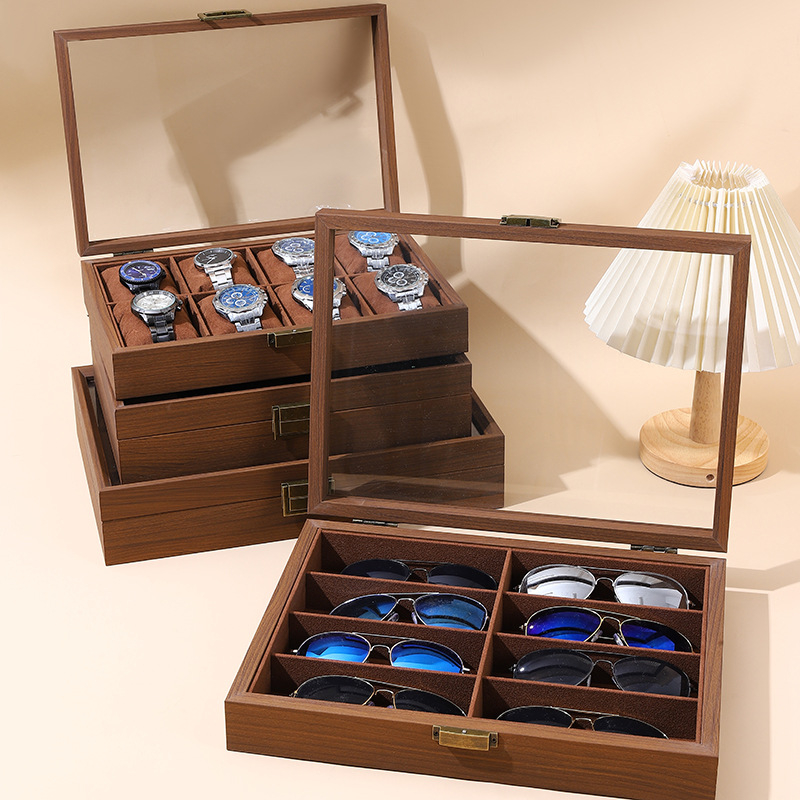 Riešutmedžio rašto papuošalų dėžutė su atlenkiamu dangteliu, antikvarinė dėžutė su daugiapakopiu stikliniu langeliu, laikrodžių maišelis