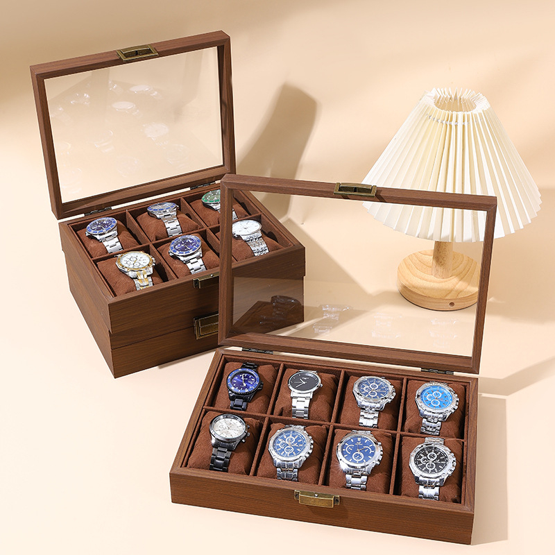 Riešutmedžio rašto papuošalų dėžutė su atlenkiamu dangteliu, antikvarinė dėžutė su daugiapakopiu stikliniu langeliu, laikrodžių maišelis