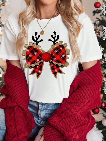 Μόδα με κέρατα ταράνδου και φιόγκο, γυναικείο μπλουζάκι με αστεία γραφικά