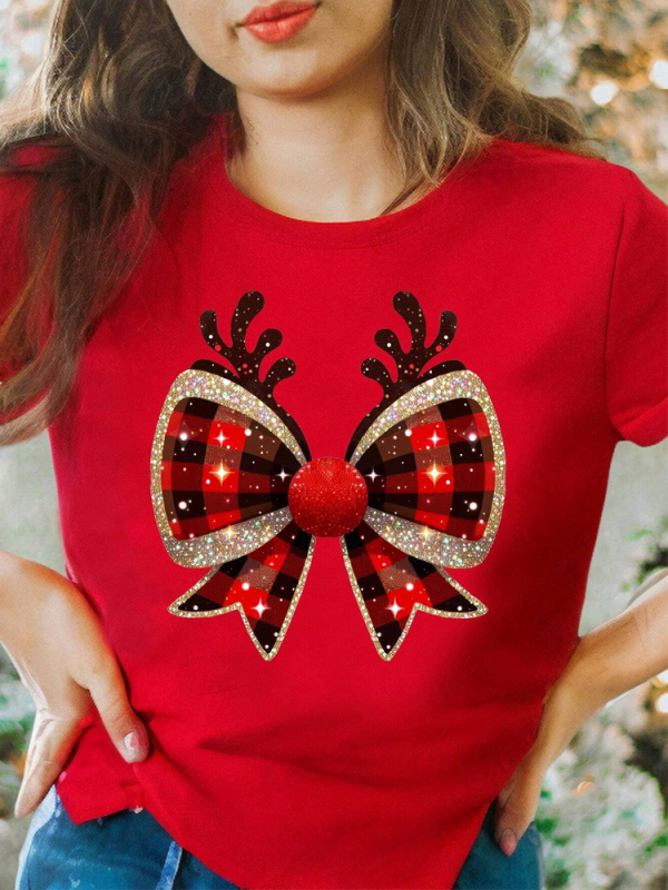 Tricou cu grafică amuzantă pentru femei, cu motive de coarne de ren și arc în carouri