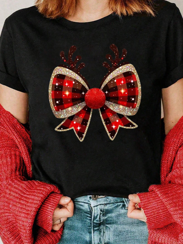 Tricou cu grafică amuzantă pentru femei, cu motive de coarne de ren și arc în carouri