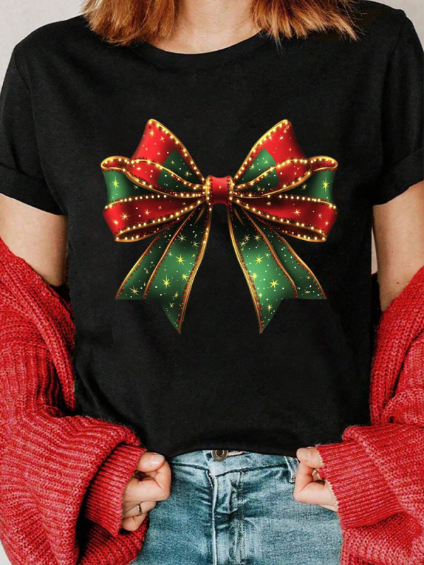 Tricou cu grafică amuzantă pentru femei, cu motive de coarne de ren și arc în carouri