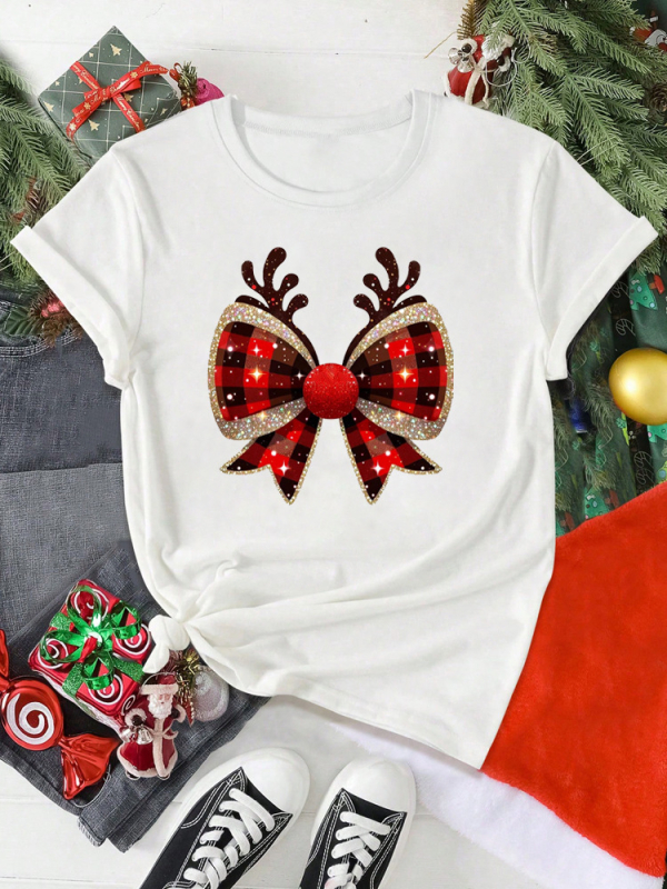 Tricou cu grafică amuzantă pentru femei, cu motive de coarne de ren și arc în carouri