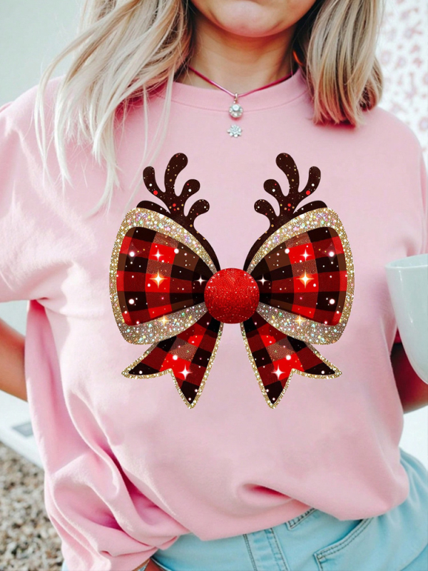 Tricou cu grafică amuzantă pentru femei, cu motive de coarne de ren și arc în carouri