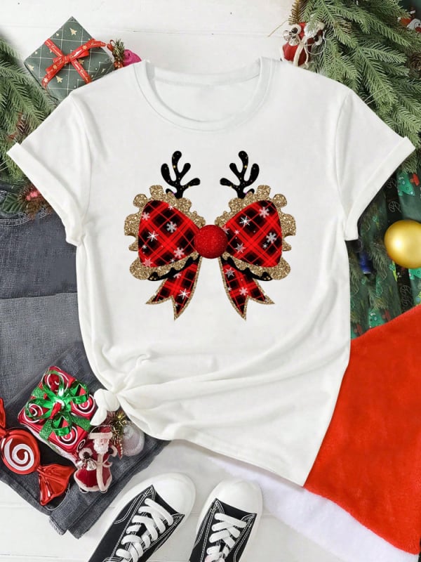 Tricou cu grafică amuzantă pentru femei, cu motive de coarne de ren și arc în carouri