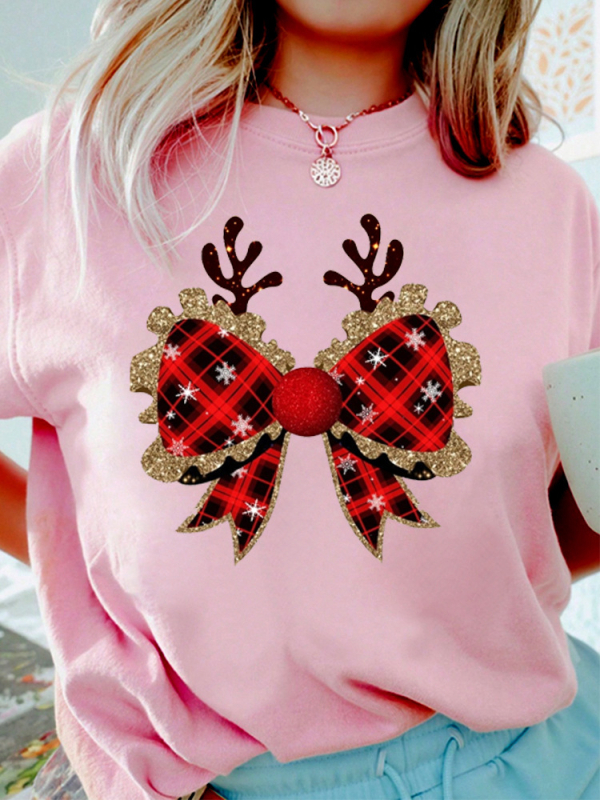 Tricou cu grafică amuzantă pentru femei, cu motive de coarne de ren și arc în carouri