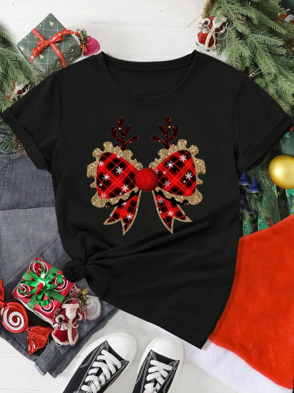 Tricou cu grafică amuzantă pentru femei, cu motive de coarne de ren și arc în carouri