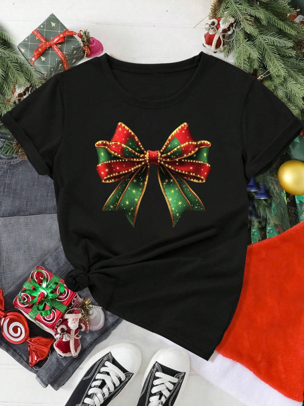 Tricou cu grafică amuzantă pentru femei, cu motive de coarne de ren și arc în carouri