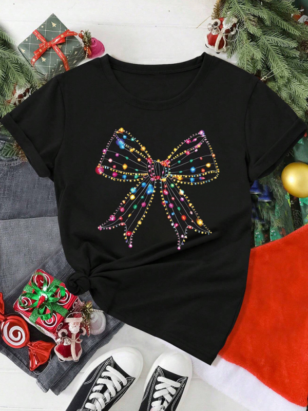 Tricou cu grafică amuzantă pentru femei, cu motive de coarne de ren și arc în carouri