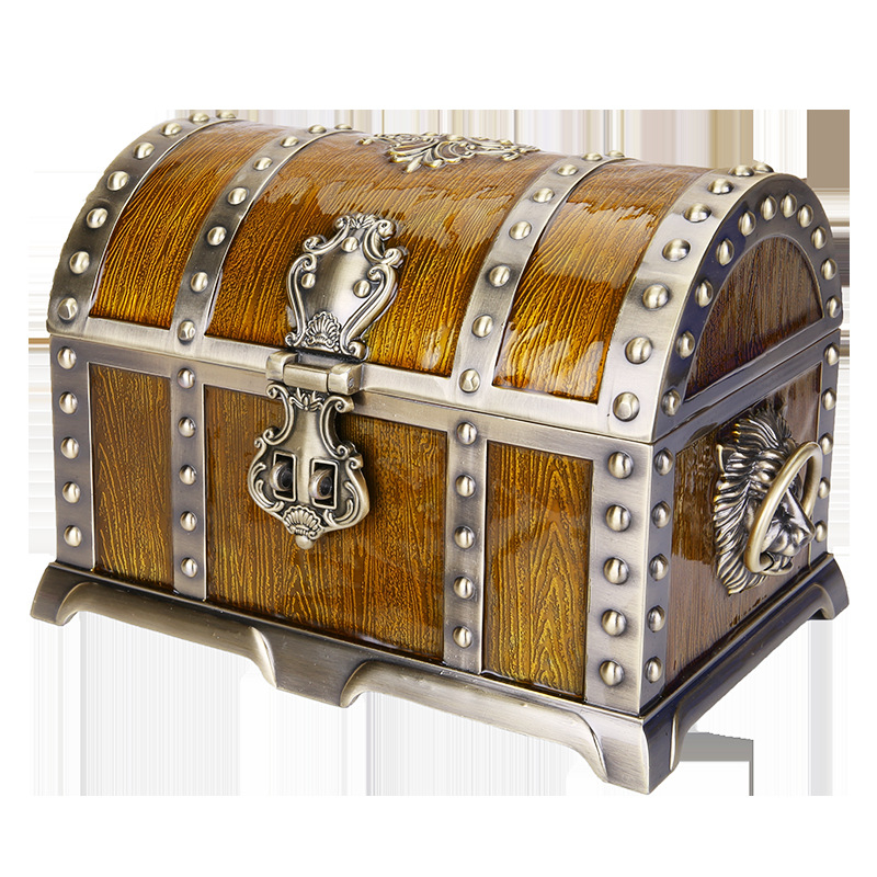 Klasikinė metalinė dėžutė, didelė dvisluoksnė europietiškos princesės rūmų papuošalų laikymo dėžutė su užraktu, vintažinė papuošalų dėžutė