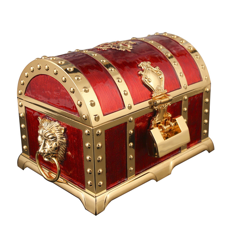 Klasikinė metalinė dėžutė, didelė dvisluoksnė europietiškos princesės rūmų papuošalų laikymo dėžutė su užraktu, vintažinė papuošalų dėžutė