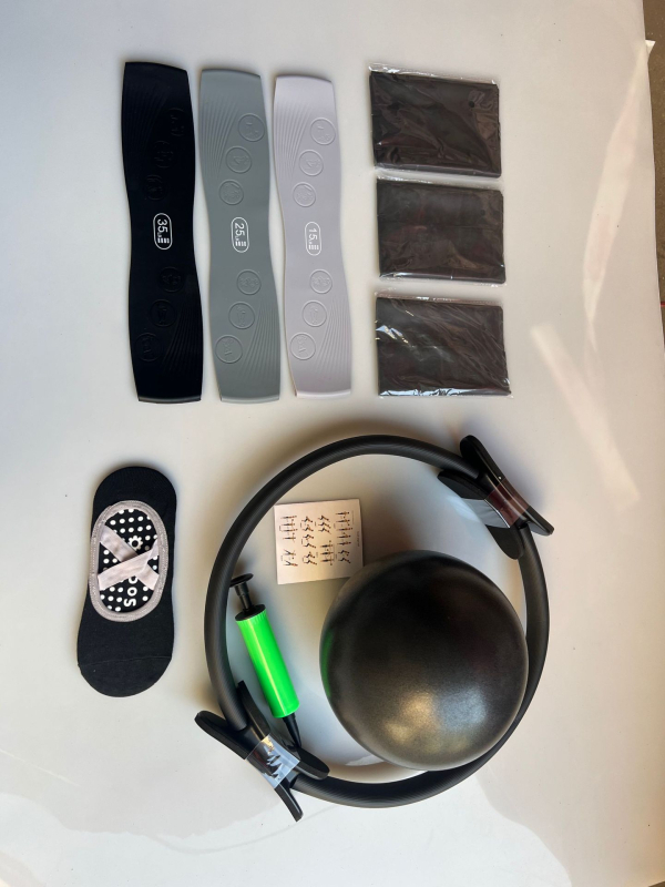 Pilatese ringi seitsmeosaline komplekt venitusvöö, silikoonist pingutusvöö, jooga sokid, jooga nisupalliga salendav kombinatsioon