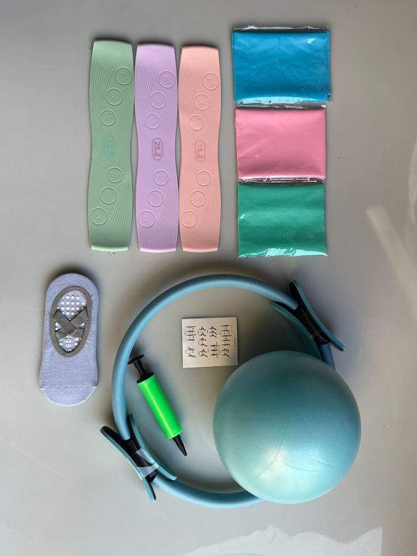 Pilatese ringi seitsmeosaline komplekt venitusvöö, silikoonist pingutusvöö, jooga sokid, jooga nisupalliga salendav kombinatsioon