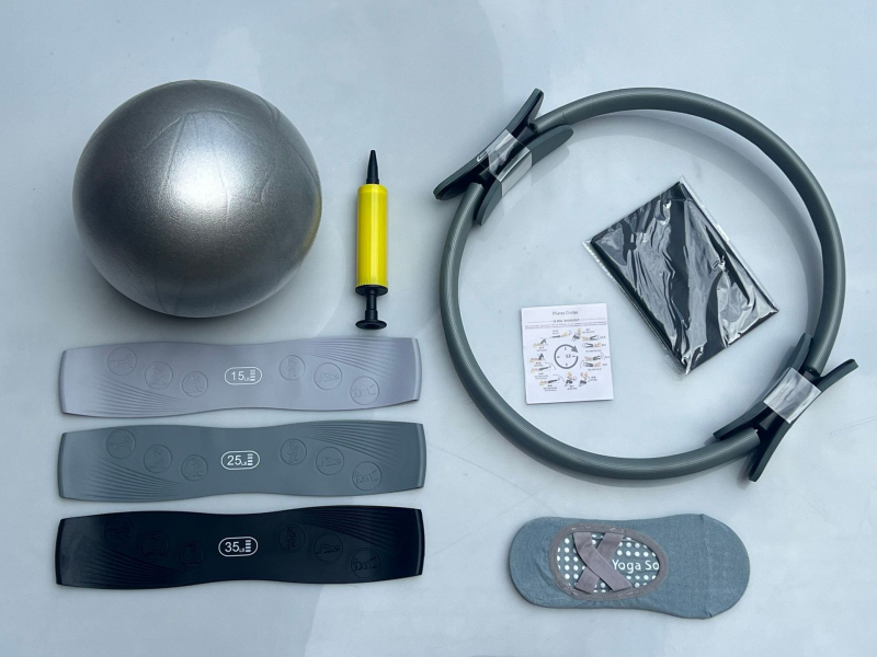 Pilatese ringi seitsmeosaline komplekt venitusvöö, silikoonist pingutusvöö, jooga sokid, jooga nisupalliga salendav kombinatsioon