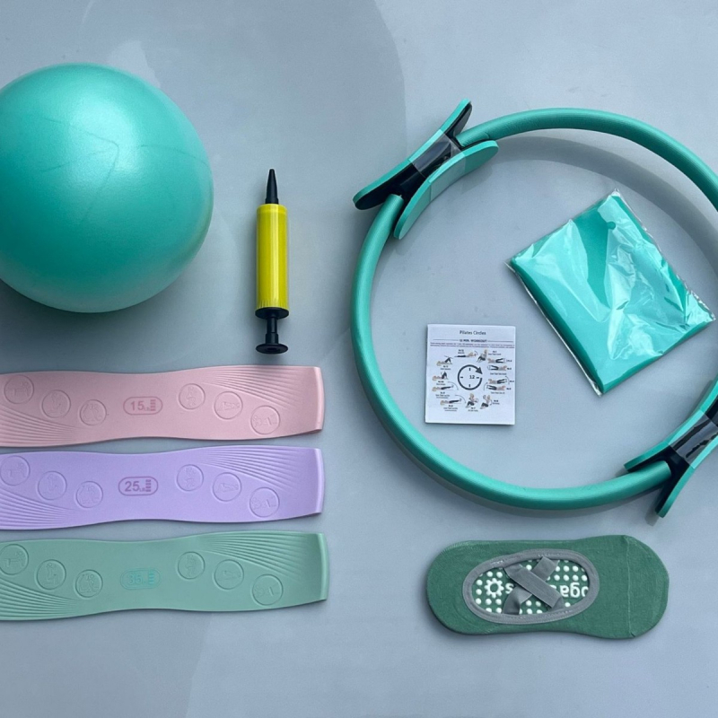 Pilatese ringi seitsmeosaline komplekt venitusvöö, silikoonist pingutusvöö, jooga sokid, jooga nisupalliga salendav kombinatsioon