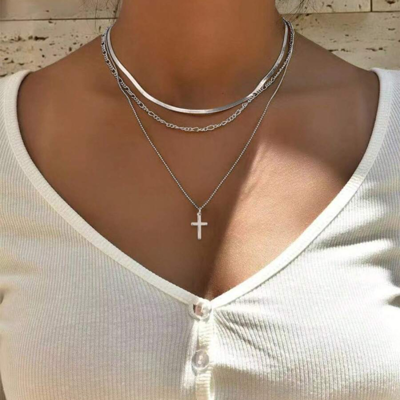 2025 Amazon új, többrétegű arany kereszt medál nyaklánc rozsdamentes acél kulcscsontlánc, akadálymentesített luxus partiékszer